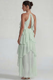 Blue Ruffled Chiffon Halter Tiered A Line Midi Dress