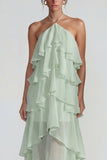 Blue Ruffled Chiffon Halter Tiered A Line Midi Dress