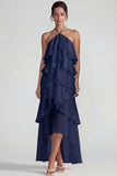 Blue Ruffled Chiffon Halter Tiered A Line Midi Dress
