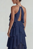 Blue Ruffled Chiffon Halter Tiered A Line Midi Dress
