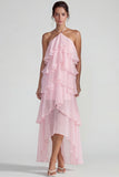 Blue Ruffled Chiffon Halter Tiered A Line Midi Dress