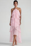 Blue Ruffled Chiffon Halter Tiered A Line Midi Dress