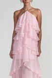 Blue Ruffled Chiffon Halter Tiered A Line Midi Dress