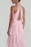 Blue Ruffled Chiffon Halter Tiered A Line Midi Dress