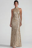 Sparkly Golden Halter Sheath Sequins Long Evening Dress