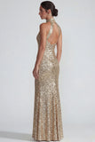 Sparkly Golden Halter Sheath Sequins Long Evening Dress