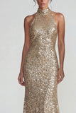 Sparkly Golden Halter Sheath Sequins Long Evening Dress