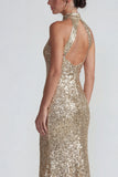 Sparkly Golden Halter Sheath Sequins Long Evening Dress