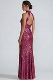 Sparkly Golden Halter Sheath Sequins Long Evening Dress