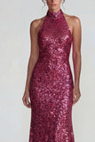 Sparkly Golden Halter Sheath Sequins Long Evening Dress