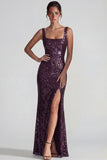 Sparkly Dark Purple Square Neck Sequins Sheath Long Evening Dress with Slit