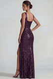 Sparkly Dark Purple Square Neck Sequins Sheath Long Evening Dress with Slit