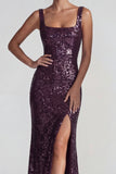 Sparkly Dark Purple Square Neck Sequins Sheath Long Evening Dress with Slit