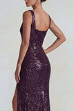 Sparkly Dark Purple Square Neck Sequins Sheath Long Evening Dress with Slit