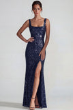Sparkly Dark Purple Square Neck Sequins Sheath Long Evening Dress with Slit