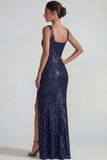 Sparkly Dark Purple Square Neck Sequins Sheath Long Evening Dress with Slit