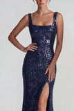 Sparkly Dark Purple Square Neck Sequins Sheath Long Evening Dress with Slit