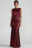 Burgundy Metallic Satin Open Back Sheath Long Evening Dress