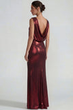 Burgundy Metallic Satin Open Back Sheath Long Evening Dress