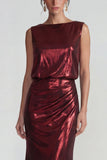 Burgundy Metallic Satin Open Back Sheath Long Evening Dress