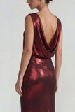Burgundy Metallic Satin Open Back Sheath Long Evening Dress