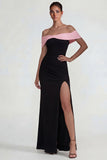 Off the Shoulder Sheath Black Pink Long Evening Dress with Slit
