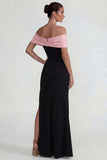 Off the Shoulder Sheath Black Pink Long Evening Dress with Slit