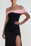 Off the Shoulder Sheath Black Pink Long Evening Dress with Slit