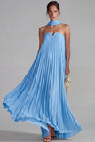 Strapless Blue Pleated A Line Maxi Dress with a Neck Scarf