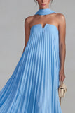 Strapless Blue Pleated A Line Maxi Dress with a Neck Scarf