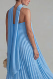 Strapless Blue Pleated A Line Maxi Dress with a Neck Scarf