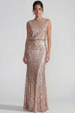 Champagne Sequins Sheath Open Back Long Evening Dress