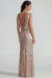 Champagne Sequins Sheath Open Back Long Evening Dress