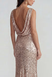 Champagne Sequins Sheath Open Back Long Evening Dress