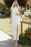 White Sheath Lace Cap Sleeves Long Wedding Dress with Slit