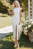 White Sheath Lace Cap Sleeves Long Wedding Dress with Slit