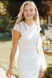 White Sheath Lace Cap Sleeves Long Wedding Dress with Slit