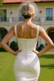 White Square Neck Satin Sheath Midi Wedding Dress with Buttons