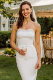 White Lace Strapless Midi Bodycon Wedding Dress with Back Zipper