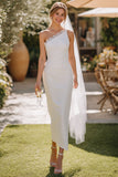 White One Shoulder Lace Sheath Midi Wedding Dress