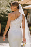 White One Shoulder Lace Sheath Midi Wedding Dress