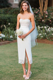 White Lace Strapless Sheath Midi Wedding Dress with Slit