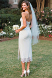 White Lace Strapless Sheath Midi Wedding Dress with Slit