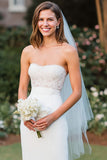 White Lace Strapless Sheath Midi Wedding Dress with Slit