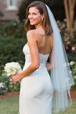 White Lace Strapless Sheath Midi Wedding Dress with Slit
