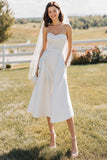 Strapless Lace White A Line Midi Wedding Dress