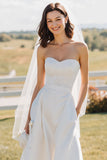 Strapless Lace White A Line Midi Wedding Dress