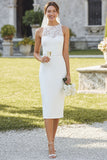 Lace White Satin Sheath Midi Wedding Dress