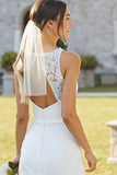 Lace White Satin Sheath Midi Wedding Dress