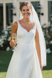 White V Neck Lace A Line Midi Satin Wedding Dress